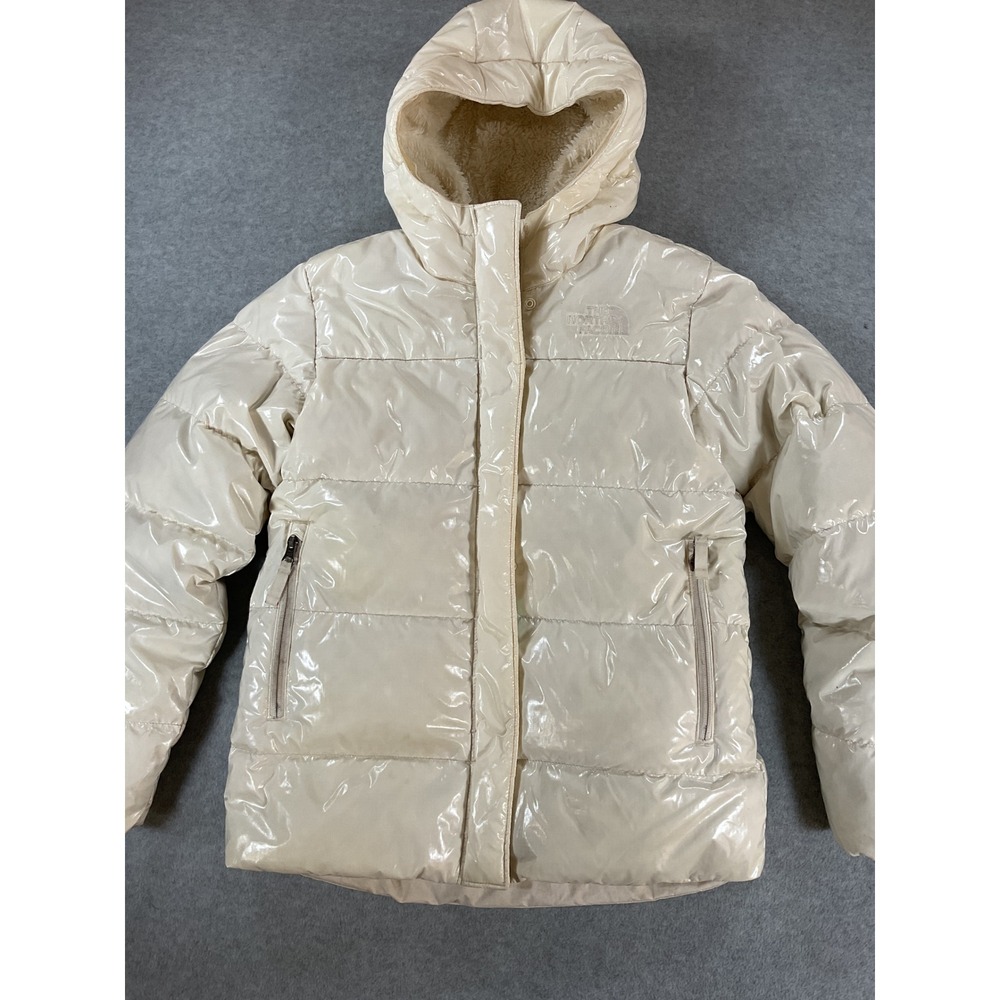 The North Face Girls Glossy Cream Puffer Jacket Fleece Lined Hood Size L 12 J88